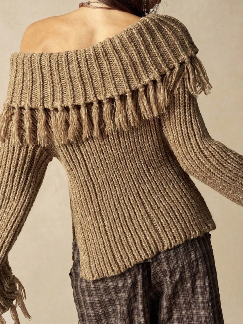 Classic Off Shoulder Foldover Fringe Detail Knit Sweater Top - Picture 2 of 8